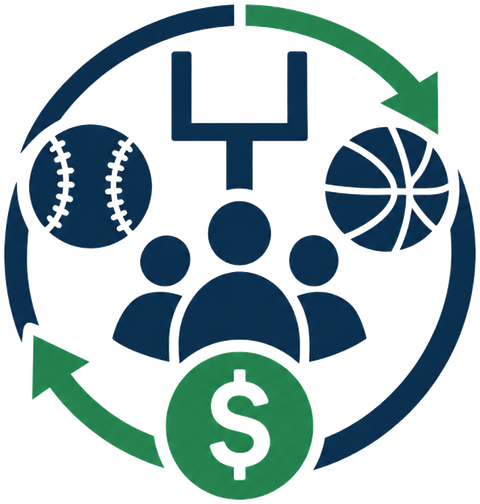 UpField Partners icon: a loop of arrows around a baseball, goalpost, basketball, a group of people, and a dollar coin